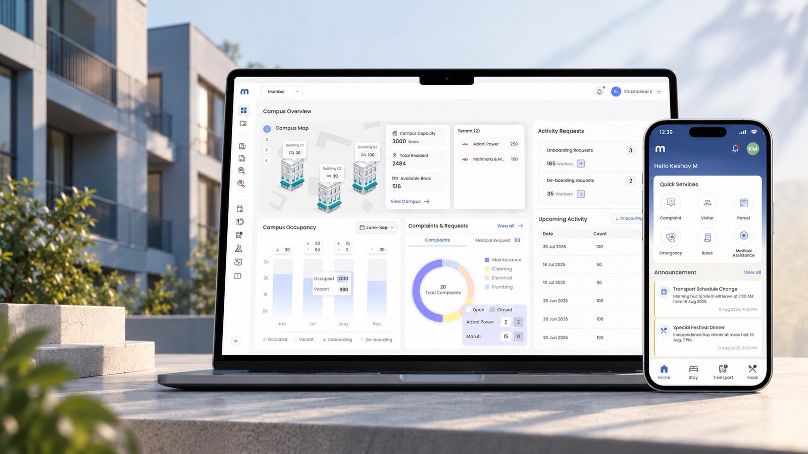 Manzl admin dashboard on a laptop and resident app on a phone